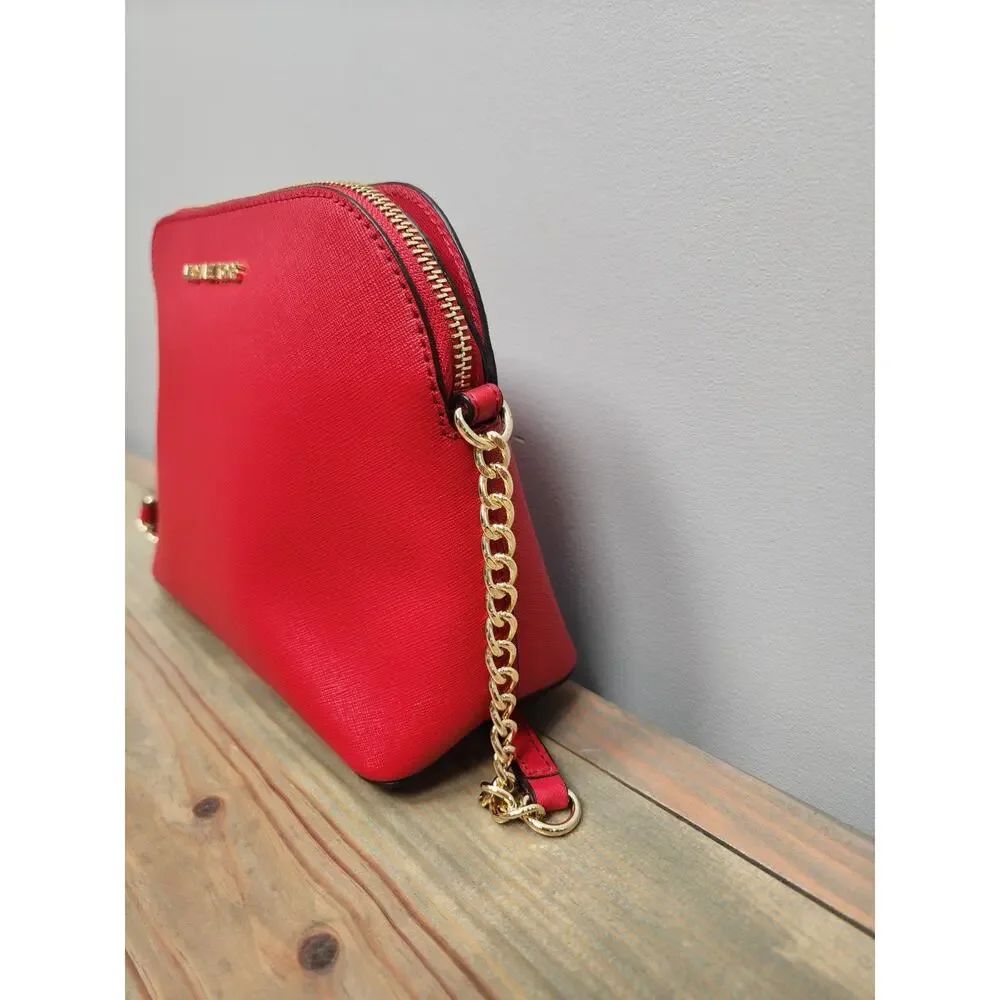 Michael Kors Cindy Crossbody Bag Red Saffiano Leather Chain Strap Small Purse